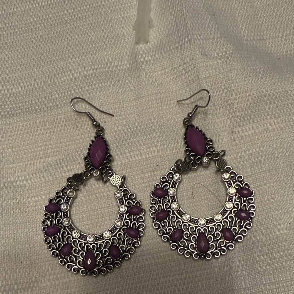 Ornate Purple and Silver Drop Earrings